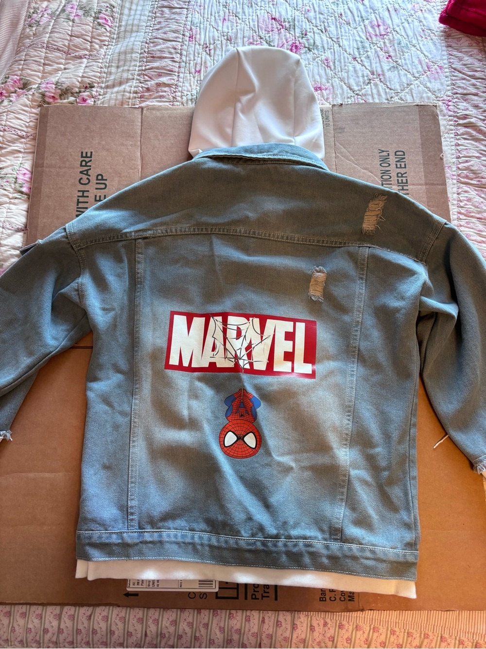 Spider-Man Kids' Gray Denim Jacket with White Hood and Marvel Logo